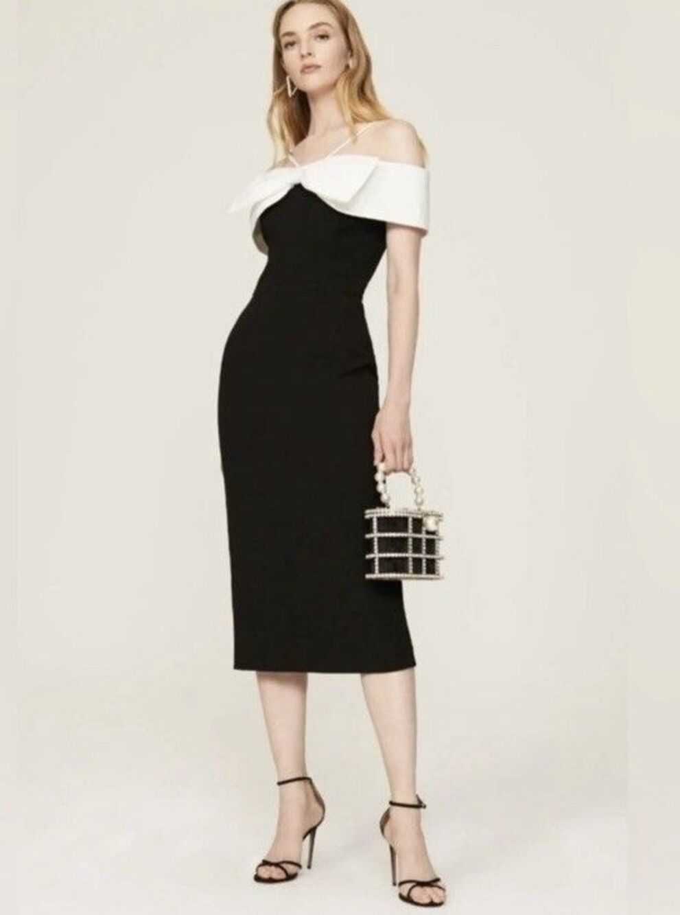Rebecca Vallance Hepburn Bow Midi Dress US 4 Black White Off Shoulder Sheath